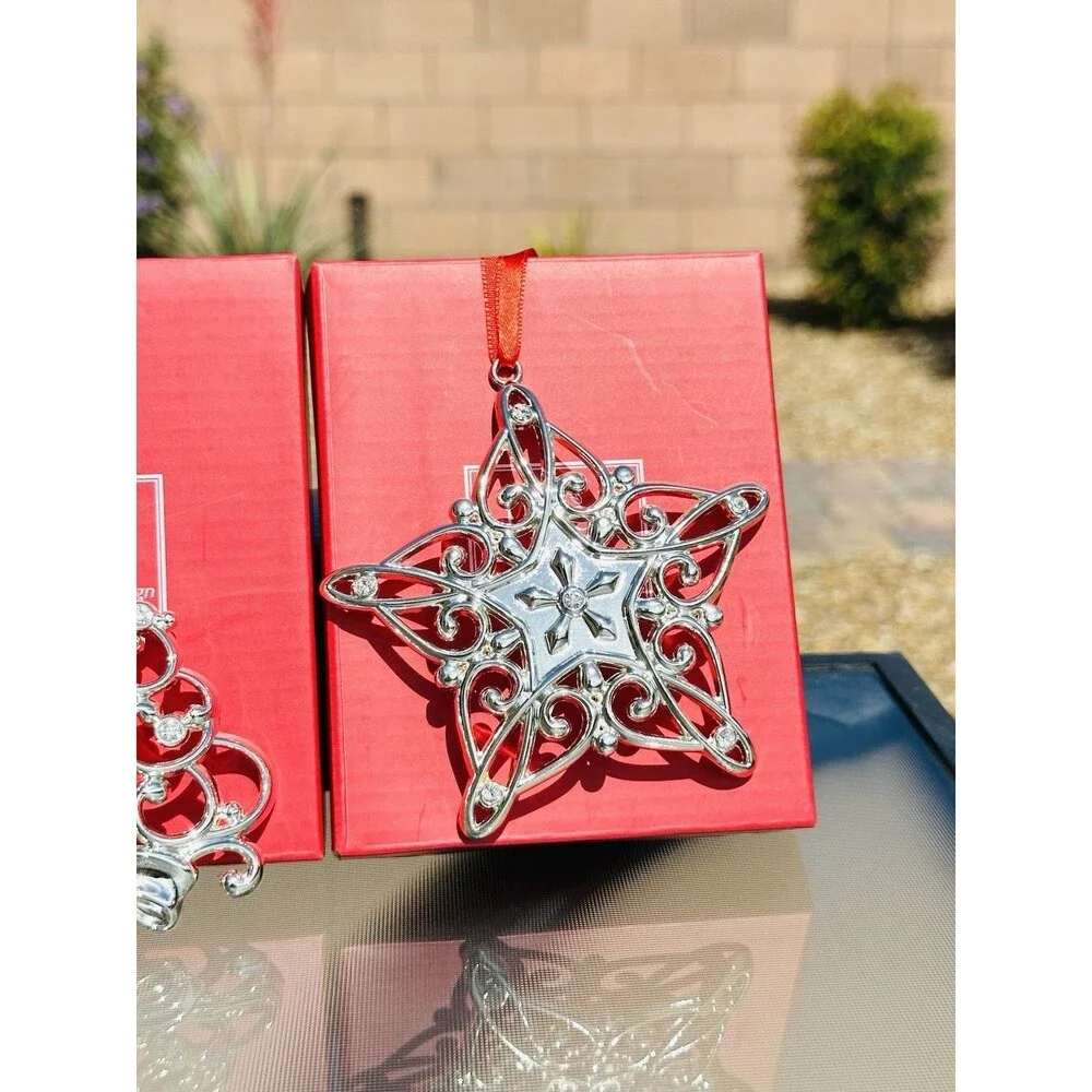 Lot of 5 LENOX Sparkle and Scroll Clear Crystal Silverplate Christmas Ornaments